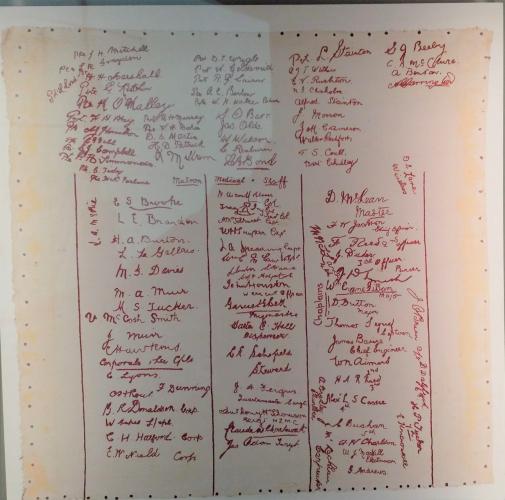 324 Te Papa Gallipoli Exhibition Embroidery of Maheno's staff signatures with McClure top right