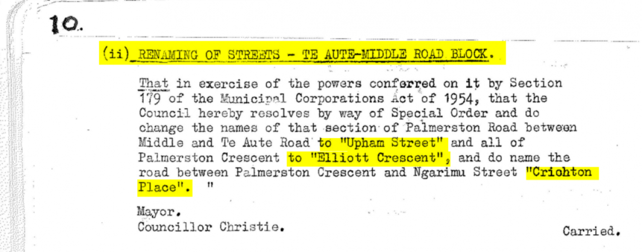 010 Chrichton Pl Hastings Excerpt from Council Minute Book 23 Nov 1961