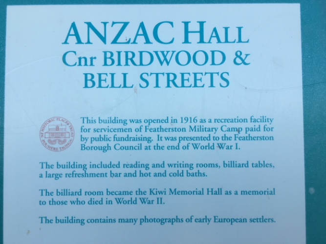 110 ANZAC Hall Featherston Heritage Trails sign Anzac Hall Featherston. Photo Carrie Watson