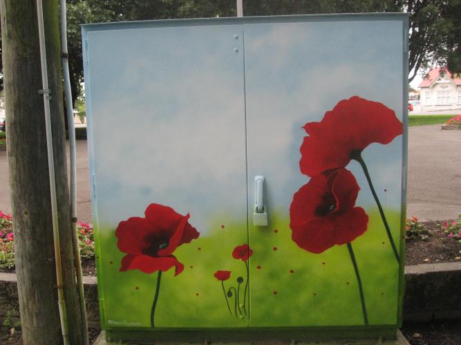 138 Soldiers Memorial Park Martinborough The power box with a poppy design 2018