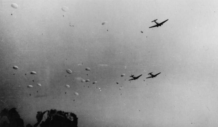 213 Hulme Place Napier German Junkers Ju 52 aircraft dropping paratroopers in Crete during World War II.