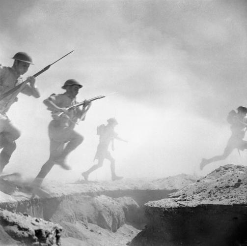 251 Alamein Gr LMC Palm Nth infantry advances through dust and smoke of battle.