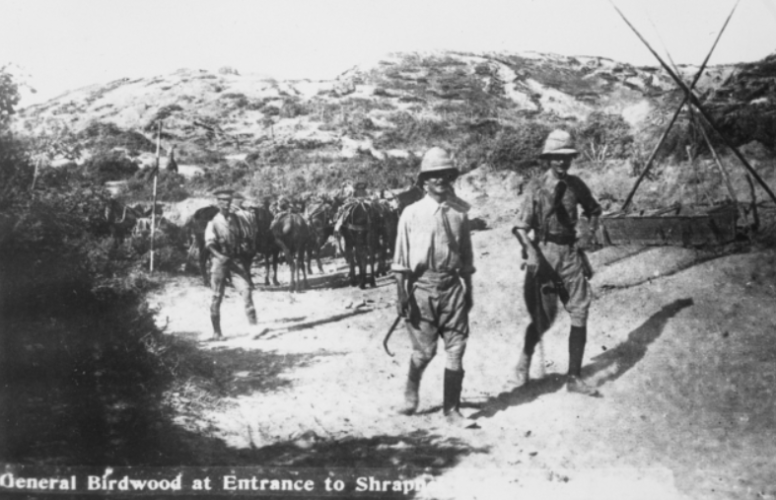 347 General William Riddell Birdwood left and an unidentified officer at the entrance to Shrapnel Gully.